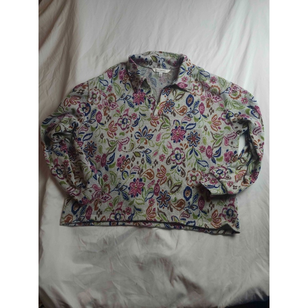 Emily Daniels Blouse Top Womens Large Gray Floral Long Sleeve Collared Casual